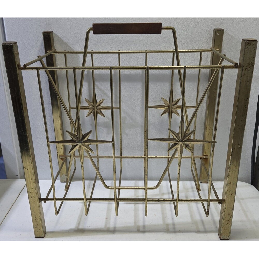 Vintage MCM Brass Magazine/Record Holder With Atomic Starburst Motifs And Wooden